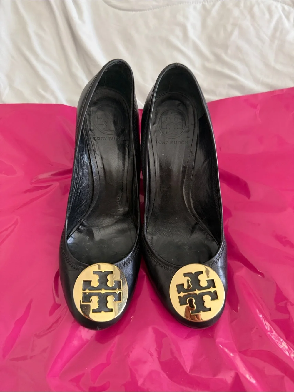 Tory Burch Black Leather Pumps with Gold Logo Medallions